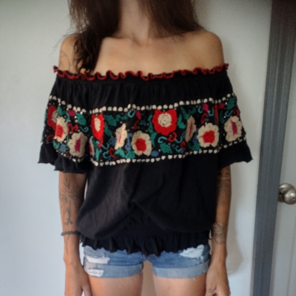 FREE PEOPLE Floral Embroidered, Off the Shoulder, Black Cotton Top